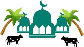 sfondo eid al adha moschea e mucche a digiuno vettore