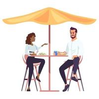 pranzo di lavoro al caffè piatto illustrazione vettoriale. uomo e donna che mangiano e chiacchierano sulle sedie a tavola sotto l'ombrellone. colleghi di comunicazione facile personaggi dei cartoni animati isolati su sfondo bianco