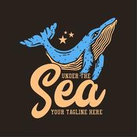 t-shirt design sotto il mare con balena e sfondo marrone illustrazione vintage vettore