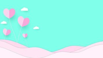 montagna di arte di carta con cuore rosa e nuvole bianche concetto di matrimonio di sfondo, illustrazione di taglio della carta vettoriale