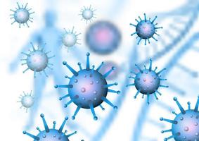 background medico con cellule di virus covidi e forma umana vettore