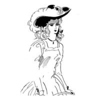 donna in stile retrò con cappello con schizzo di inchiostro di piume. illustrazione di moda vettore