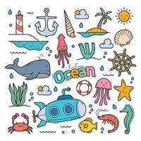 illustrazione degli oggetti di clip art di vettore disegnato a mano di doodle dell'oceano