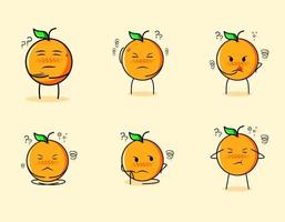 raccolta di simpatico personaggio dei cartoni animati arancione con espressioni di pensiero. adatto per emoticon, logo, simbolo e mascotte vettore