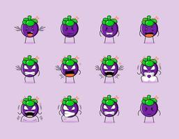 raccolta di simpatico personaggio dei cartoni animati di mangostano con espressioni arrabbiate. adatto per emoticon, logo, simbolo e mascotte vettore