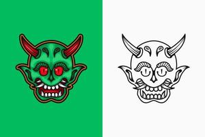 illustrazione del demone verde con occhi rossi e corna. stile artistico a colori e al tratto. adatto per mascotte, logo o t-shirt vettore
