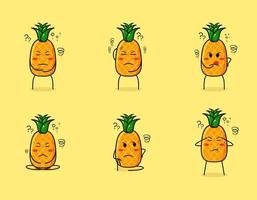 raccolta di simpatico personaggio dei cartoni animati di ananas con espressioni di pensiero. frutta, semplice e in stile cartone animato. adatto per emoticon, adesivo, logo, icona e mascotte vettore