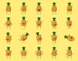 raccolta di simpatico personaggio dei cartoni animati di ananas con espressioni felici e sorrisi. adatto per emoticon, logo, simbolo e mascotte vettore