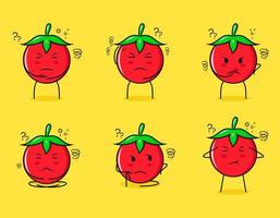 raccolta di simpatico personaggio dei cartoni animati di pomodoro con espressioni di pensiero. adatto per emoticon, logo, simbolo e mascotte vettore