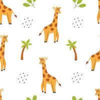 modello senza cuciture con giraffa carina e palma su sfondo bianco. illustrazione infantile di vettore