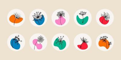 icone dei social media - denti di leone, semi di tarassaco fiori selvatici botanici, copertine luminose, icone di design floreale, illustrazione vettoriale. icone di fiori in stile doodle. vettore