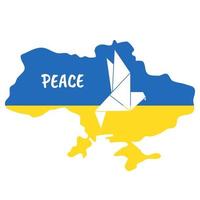 concetto di pace ucraina mappa del paese blu, bandiera gialla colori, carta origami colomba bianca silhouette. mappa ucraina con piccione simbolo di libertà, scrittura di pace. illustrazione vettoriale. vettore