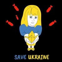 ragazza triste con gru origami sotto bombe missilistiche volanti, i bambini pregano per un cielo pacifico in ucraina. salva lo script dell'ucraina, l'illustrazione vettoriale dei colori gialli blu della bandiera ucraina