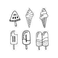 set disegnato a mano di cono di cialda gelato doodle. illustrazione vettoriale in stile schizzo per menu bar, biglietti, decorazioni per biglietti di compleanno.