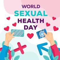 illustrazione della giornata mondiale della salute sessuale con due mani che tengono preservativo e pillola contraccettiva vettore