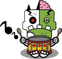 personaggio dei cartoni animati costume illustrazione vettoriale mascotte dell'osso zombie che suona il tamburo