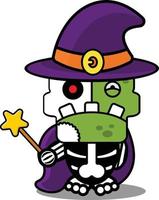 personaggio dei cartoni animati costume illustrazione vettoriale zombie osso mascotte cappello magico