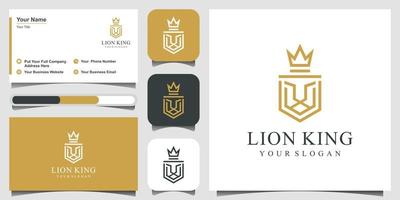 leone, scudo, corona, logo design con stile line art. design del logo e biglietto da visita vettore