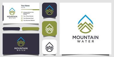 design del logo dell'acqua combinato con lo stile artistico della linea di montagna e il design dei biglietti da visita vettore