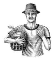 gli uomini che tengono cesti di frutta di cacao disegnano a mano clip art in bianco e nero in stile incisione vintage isolati su sfondo bianco vettore
