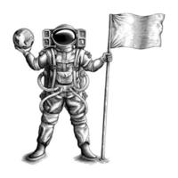 l'astronauta in piedi e in possesso di bandiera e globo disegnare a mano stile incisione vintage clip art in bianco e nero isolato su sfondo bianco vettore