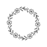 corona floreale primaverile isolata su sfondo bianco. cornice rotonda con fiori. illustrazione disegnata a mano di vettore in stile doodle. perfetto per biglietti, inviti, decorazioni, loghi, disegni vari.