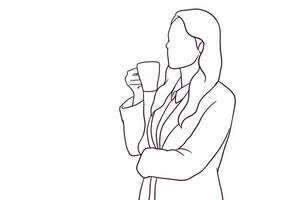 imprenditrice bere una tazza di caffè in piedi. illustrazione vettoriale in stile disegnato a mano
