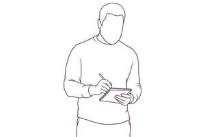 uomo in piedi mentre scrive su un taccuino disegnato a mano in stile illustrazione vettoriale