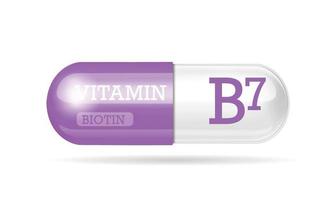 capsula di vitamina b7, tiamina, struttura viola, bianca. Complesso vitaminico 3d con formula chimica. cura personale, concetto di bellezza, capsula trasparente per pillole. concetto di business della droga. vettore
