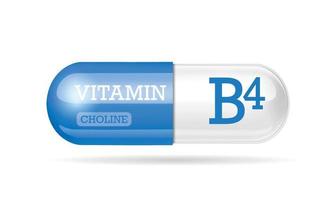 capsula vitamina b4, tiamina, struttura blu, bianca. Complesso vitaminico 3d con formula chimica. cura personale, concetto di bellezza. illustrazione vettoriale. pillola capsula trasparente. concetto di business della droga. vettore