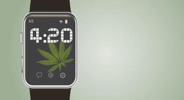 foglia di marijuana, cannabis medica su un orologio elettronico da polso che mostra il tempo di 4 ore e 20 minuti. cannabis in linea. sfondo classico. copia spazio. illustrazione vettoriale