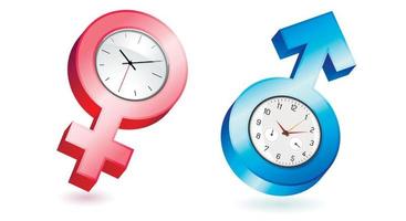 simbolo di genere maschile e femminile con orologio e lancette, che simboleggia la consapevolezza della salute e l'orologio biologico. copia spazio. illustrazione vettoriale