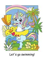 unicorno carino in un cerchio gonfiabile con illustrazione a colori di pinne vettore