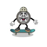 mascotte della ruota di automobile che gioca uno skateboard vettore