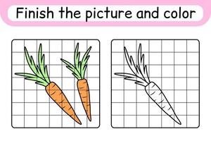 completa l'immagine carota. copia l'immagine e il colore. finire l'immagine. libro da colorare. gioco educativo di disegno per bambini vettore