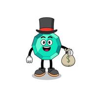illustrazione della mascotte della pietra preziosa smeraldo uomo ricco che tiene un sacco di soldi vettore