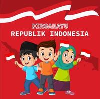 felice giorno dell'indipendenza. gruppo di bambini in possesso di bandiere indonesiane vettore