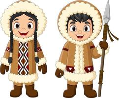 bambini eschimesi dei cartoni animati che indossano abiti tradizionali vettore