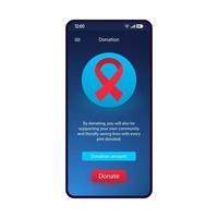 modello vettoriale dell'interfaccia dello smartphone di donazione. servizio di raccolta fondi. app di beneficenza mobile con layout di design blu. schermata dell'icona della striscia rossa. Interfaccia utente piatta dell'applicazione del sito Web di organizzazioni di beneficenza. display del telefono