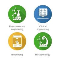 set di icone del glifo con ombra lunga dal design piatto di bioingegneria. tecnologie mediche per il trattamento della ricerca. ingegneria farmaceutica e clinica, bioprinting, biotecnologia. illustrazione della siluetta di vettore
