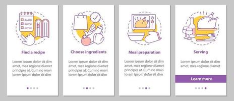 schermata della pagina dell'app mobile per l'onboarding della ristorazione con concetti lineari. scelta di ricette, ingredienti, preparazione dei cibi, fasi di servizio istruzioni grafiche. ux, ui, modello vettoriale gui con illustrazioni