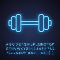 icona della luce al neon della palestra. attrezzature sportive per bodybuilding e sollevamento pesi. manubrio. segno luminoso con alfabeto, numeri e simboli. illustrazione vettoriale isolato