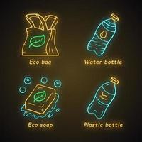 zero rifiuti scambi set di icone di luce al neon fatte a mano. prodotti ecologici e sostenibili. materiali di riciclaggio. pranzo al sacco riutilizzabile, spugne ecologiche, bottiglia di plastica. segni luminosi. illustrazioni vettoriali isolate