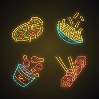 set di icone di luce al neon per fast food. pizza, patatine fritte, cosce di pollo, sushi. cucina italiana, americana e asiatica. piatti grassi. ristorante, menu del bar. segni luminosi. illustrazioni vettoriali isolate