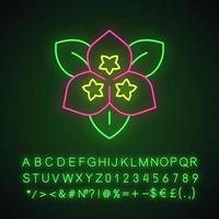 icona della luce al neon del fiore di bouganville. pianta ornamentale da giardino. segno luminoso con alfabeto, numeri e simboli. illustrazione vettoriale isolato