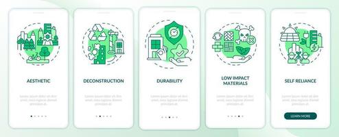 schermo dell'app mobile di onboarding verde per il design della città sostenibile. guida al piano urbano 5 passaggi pagine di istruzioni grafiche con concetti lineari. ui, ux, modello gui vettore