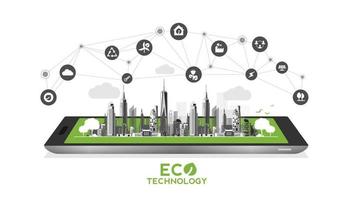 tecnologia ecologica con telefono cellulare o concetto ambientale moderna città verde. stile di vita urbano ecologico con icone sulla connessione di rete. disegno vettoriale