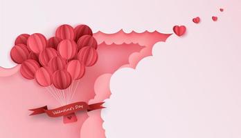 carta d'amore e San Valentino con palloncino cuore di carta e confezione regalo galleggiano nel cielo blu. può essere utilizzato per carta da parati, inviti, poster, banner. disegno vettoriale