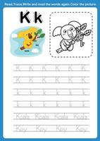 lettera dell'alfabeto k con vocabolario dei cartoni animati per l'illustrazione del libro da colorare, vettore