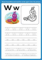 lettera dell'alfabeto w con vocabolario dei cartoni animati per l'illustrazione del libro da colorare, vettore